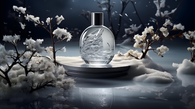 elegante parfumfles op sneeuwachtergrond met sneeuwvlokken en bloemen