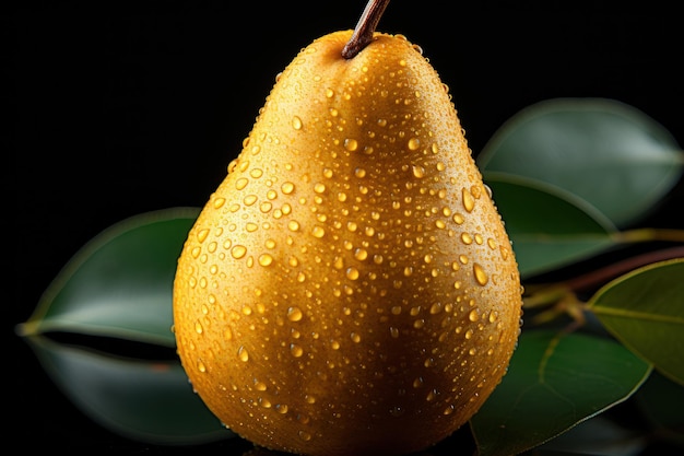 Elegante peer laat peren vallen met waterdruppeltjes op een zwarte achtergrond met bladeren Generatieve AI