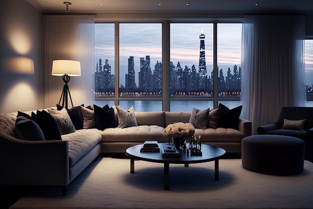 Elegante penthouse-woonkamer met uitzicht op de stad en de skyline van het meer