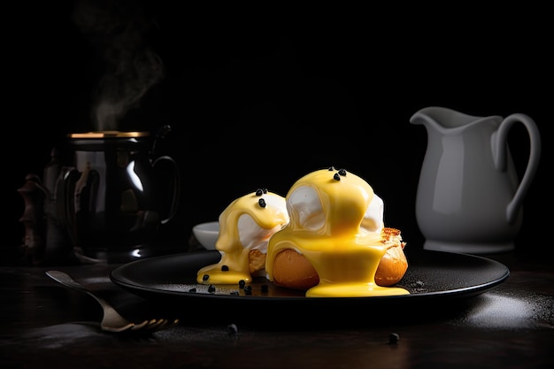 Elegante plaat van Egg Benedict en koffie op een zwarte achtergrond generatieve IA