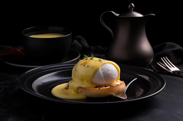 Elegante plaat van Egg Benedict en koffie op een zwarte achtergrond generatieve IA