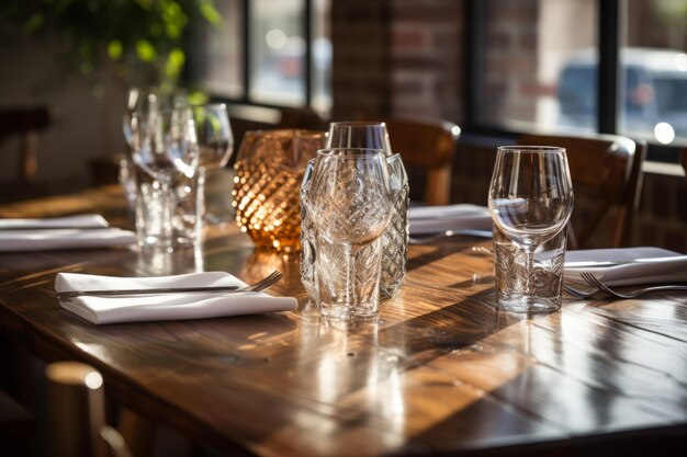 Elegante restaurant tafel inrichting met wijnglazen en zonlicht