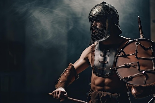 Elegante romeinse gladiator met drietand en net die wachten om tegen andere gladiatoren te vechten
