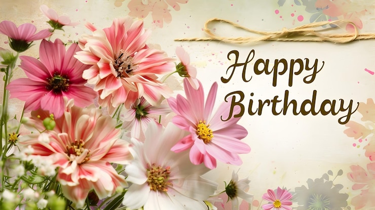 Foto elegante roze bloemrijke verjaardagskaartje met gouden letters