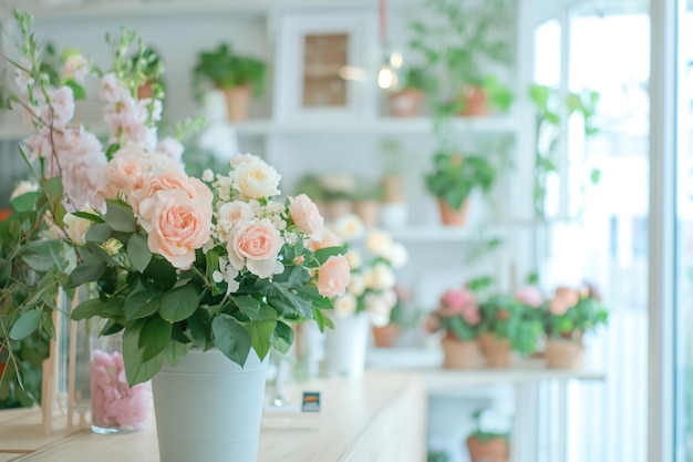 Elegante rozenboeketten in een heldere bloemenwinkelxA