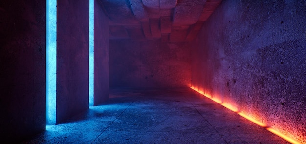 Elegante Sci Fi Minimalistische Futuristische Donkere Grunge Betonnen Kamer Met Oranje Blauwe Gloeiende Neon Tube Lijnen Met Reflectie Lege Ruimte Voor Tekst 3D Rendering