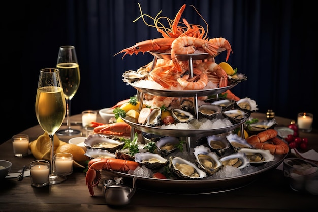 Elegante Seafood Tower met champagne op een restaurant