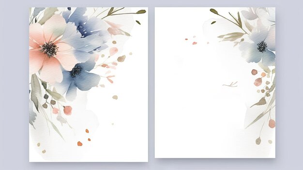 Elegante set bruiloft uitnodiging kaartsjabloon met bloemen en bladeren decoratie Aquarel achtergrond op wit AI generatief