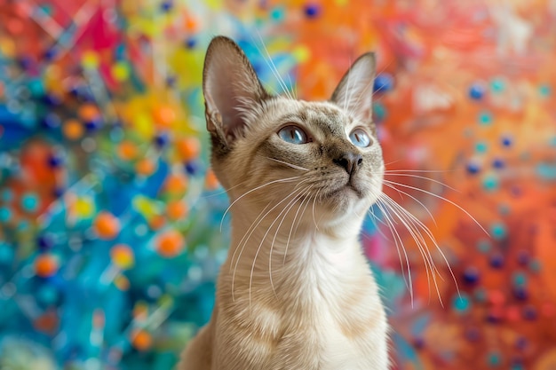 Elegante Siamese kat met opvallende blauwe ogen die poseert voor een levendige veelkleurige abstracte schilderij