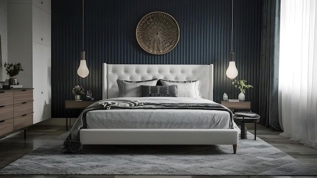 Elegante slaapkamer met pluche wit bed en modern decor concept slaapkamer decor pluche bed witte kleurenschema moderne styling
