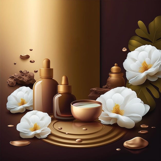 Elegante spa-producten op bruine achtergrond voor wellness- en beautyprojecten Kalmerende kleurenschema AI