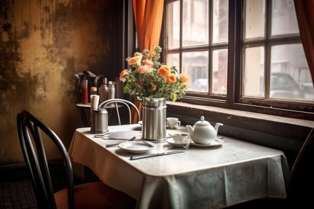 Elegante tafel met bloemen en bestek in een leeg café.