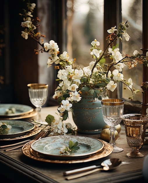 Elegante tafel met porseleinen servies, kristallen glazen vazen en bloemen in witte tinten