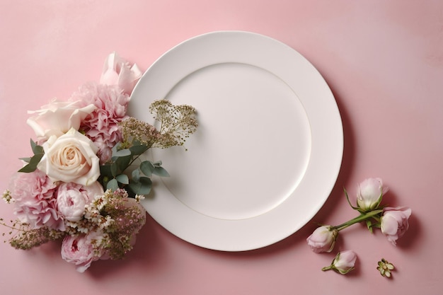 Elegante tafelschikking met bloemen op roze achtergrond bovenaanzicht met AI gegenereerd