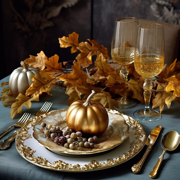 Elegante Thanksgiving-tafelsetting met decoratieve gouden accenten AI