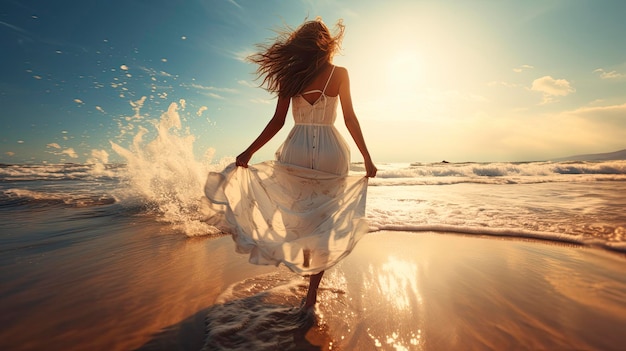 Elegante toeristenvrouw die in witte kleding op een tropisch strand loopt