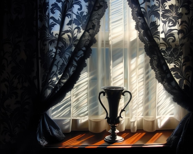 Elegante trofee beker op een vensterbank met zonlicht filteren door gordijnen