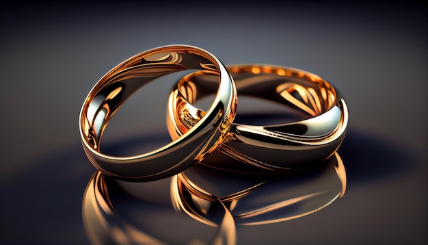 Elegante trouwringen zijn gemaakt van goud Close-up macro Donkere achtergrond Al gegenereerd