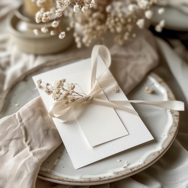 Foto elegante uitnodiging of groetekaartje plat gelegd minimalistische neutrale tonen decoratieve bloemen