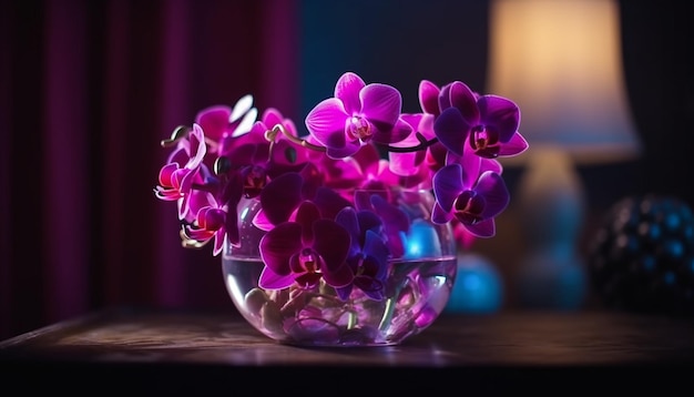 Elegante vaas bevat een modern boeket paarse orchideeën binnenshuis gegenereerd door ai