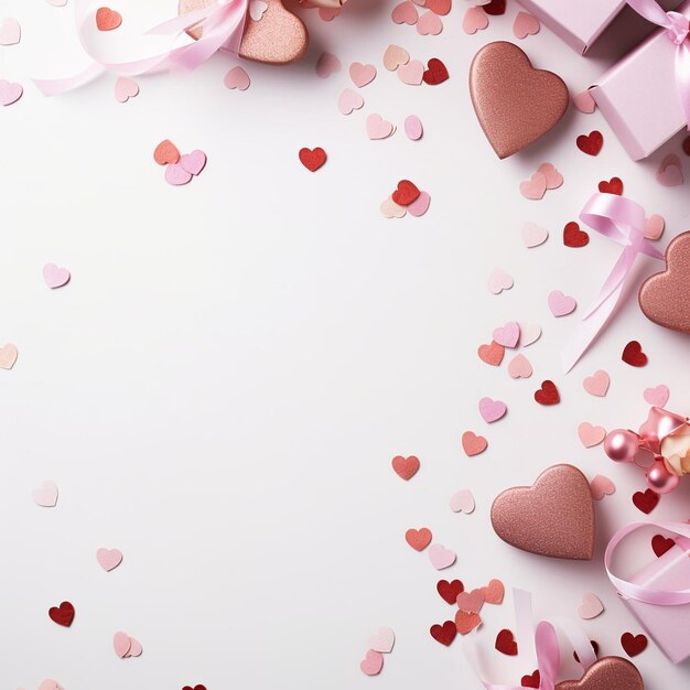 Elegante Valentijnsdag plat gelegd met hartconfetti en geschenken