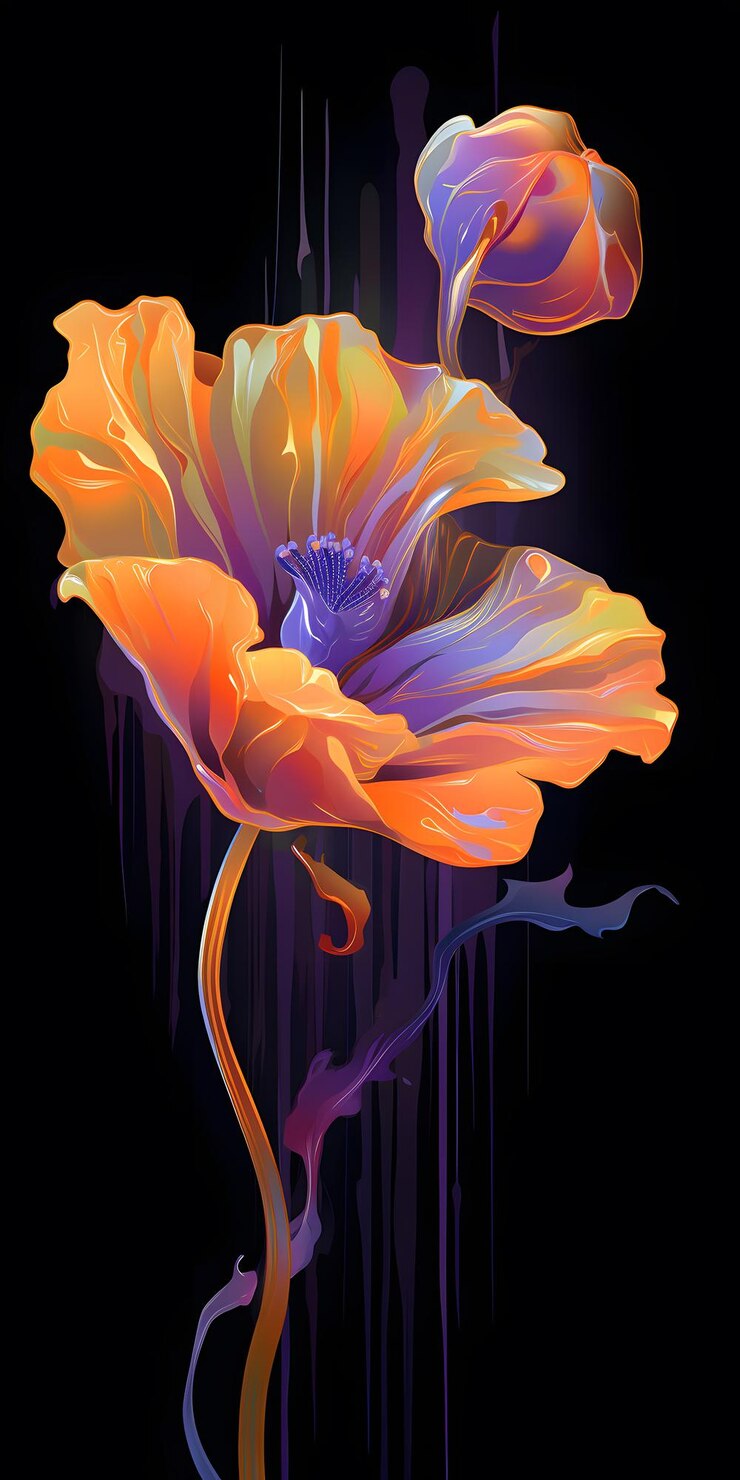 Elegante vectorgrafische illustratie van een oranje papaver op zwarte dynamische compositie violet oranje