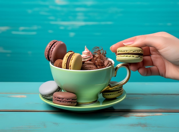 Elegante verwennerij vrouw hand met een kopje met Macarons