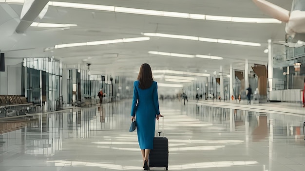 Elegante vrouw in blauw loopt in de terminal van de luchthaven modern reisconcept zakenreis AI