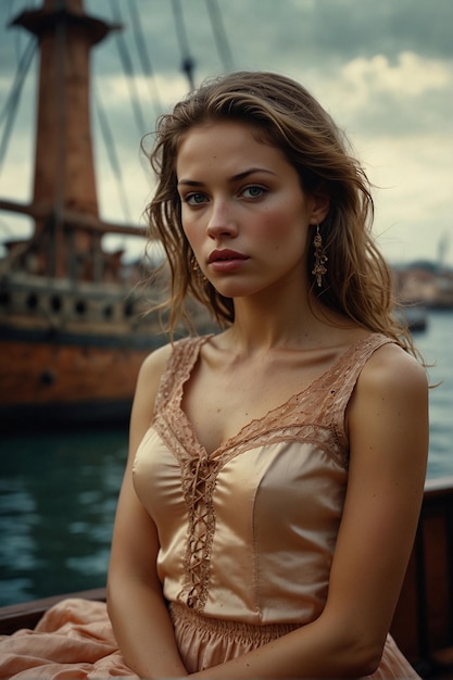 Foto elegante vrouw in een jurk die op een boot bij het water poseert