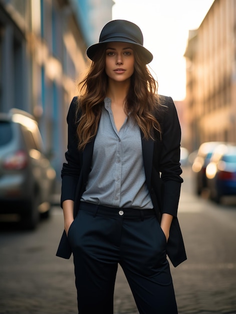 Elegante vrouw in een pak en hoed die op een stadsstraat poseert