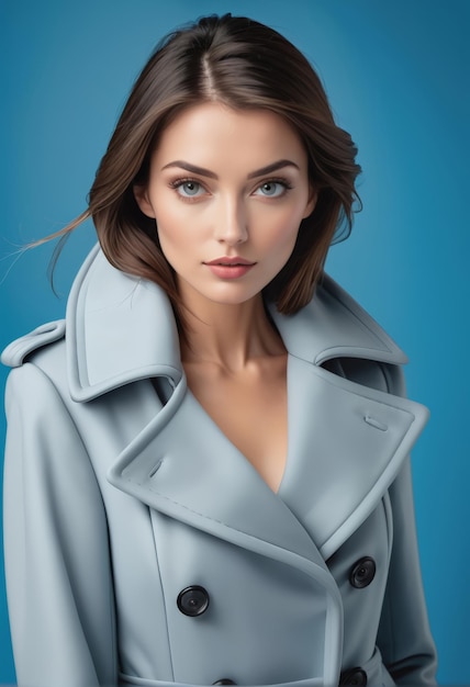 Elegante vrouw in een stijlvolle lichtblauwe trenchcoat poseert op een blauwe achtergrond concept van voorjaarsmode