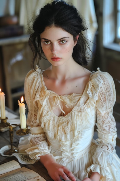 Foto elegante vrouw in een vintage witte jurk die poseert in een rustiek interieur met kaarsen en antieke boeken