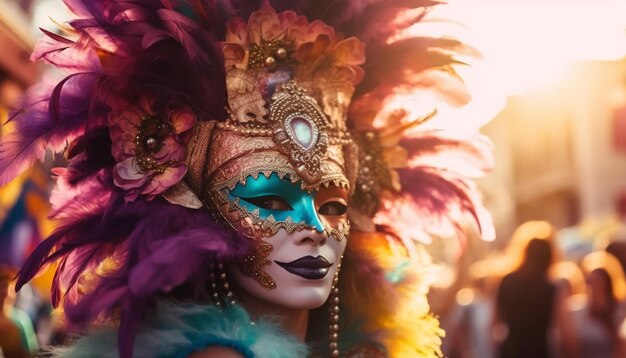 Elegante vrouw in sierlijk Mardi Gras-kostuum gegenereerd door AI