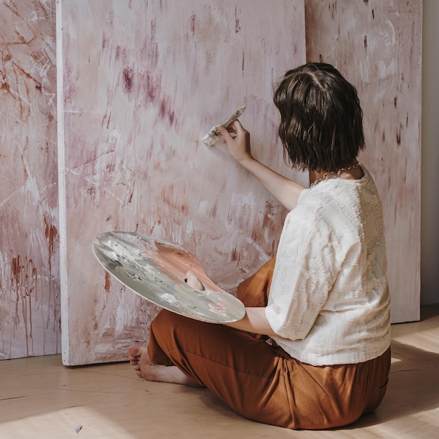Elegante vrouw kunstenaar zittend op de vloer in de studio met zonlicht schaduwen en abstracte kunstwerken schilderen