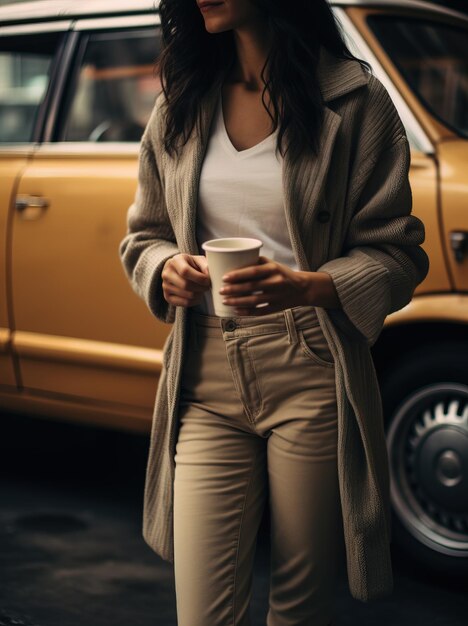 Foto elegante vrouw met koffie bij een oude gele auto in de stad