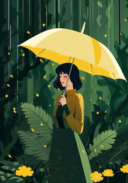 Elegante vrouw met paraplu onder de regen die in het bos loopt kleurrijke platte lay vector
