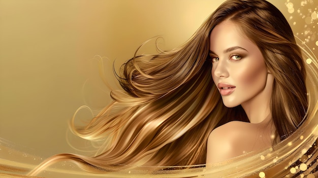 Elegante vrouw met vloeiend haar in gouden tinten schoonheid portret perfect voor cosmetica luxe en stijlvolle AI