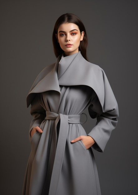 Elegante vrouw modelleert moderne jas tegen grijze achtergrond Generatieve AI