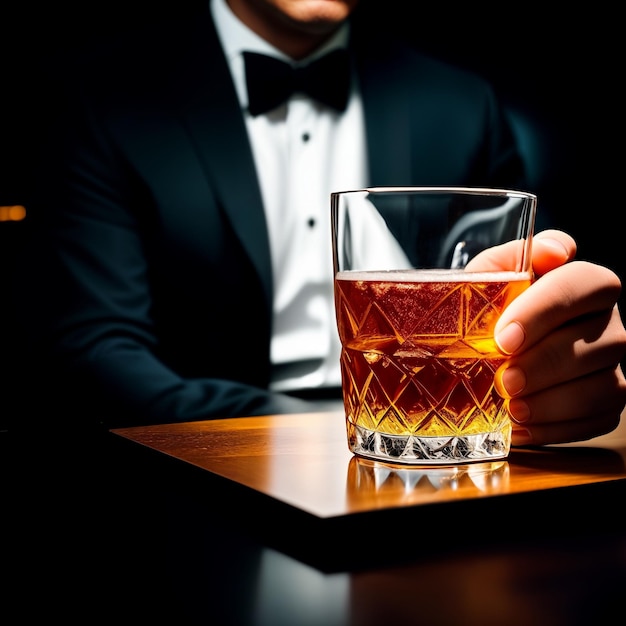 Elegante whisky Man met baard houdt glas cognac vast Bebaarde zakenman in elegant pak met whisky