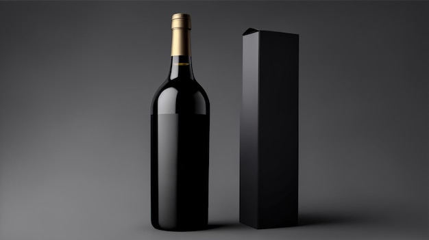 Elegante wijnfles verpakking mockup op donkere achtergrond met gouden accenten en doosontwerp
