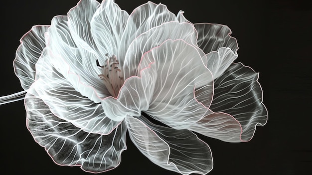 Elegante witte bloem met roze omtrek op een zwarte achtergrond De bloemblaadjes van de bloem zijn delicaat en lijken op kant