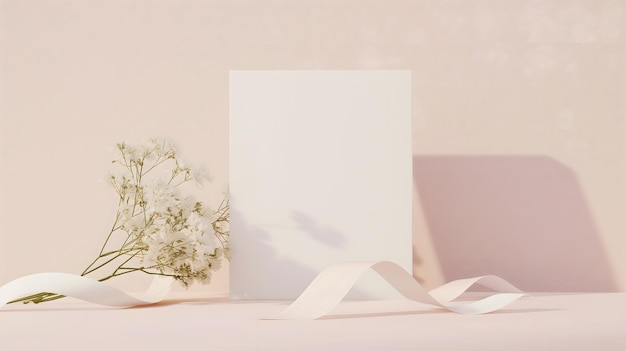 Elegante witte bloemen en een lege kaart op een roze achtergrond