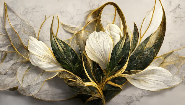 Elegante witte bloemen met gouden bladeren en takken op een lichte achtergrond Naadloos handgetekend penseelpatroon Vintage decoratief element voor ansichtkaarten 3d illustratie