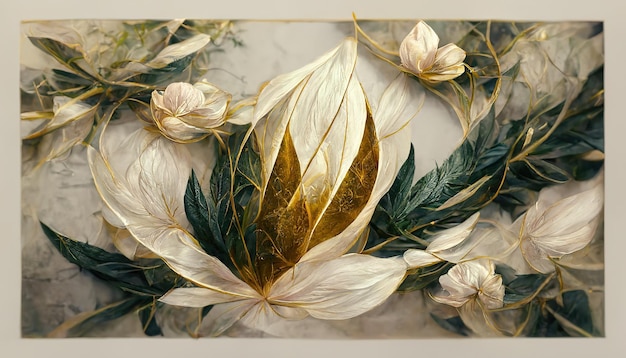 Elegante witte bloemen met gouden bladeren en takken op een lichte achtergrond Naadloos handgetekend penseelpatroon Vintage decoratief element voor ansichtkaarten 3d illustratie