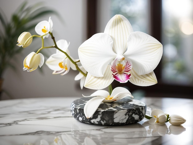 Elegante witte orchidee op tafel Floral Stock Foto