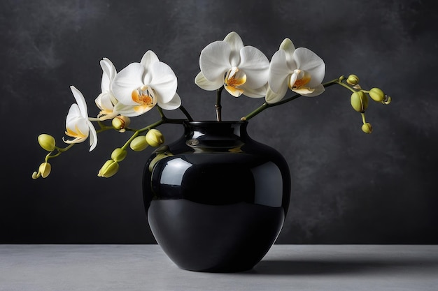Elegante witte orchideeën in een zwarte vaas