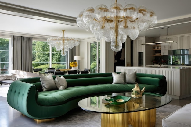 Elegante woonkamer met een groene fluweel bank stijlvolle glazen kroonluchter en een gouden koffietafel
