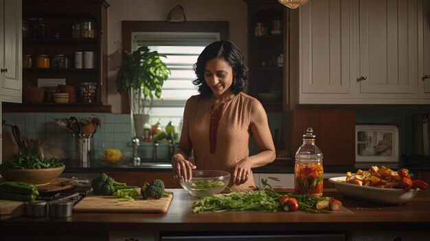 Elegante Zuid-Aziatische Indiase huisvrouw in een schone keuken Huishoudelijke gratie en culinaire meesterschap