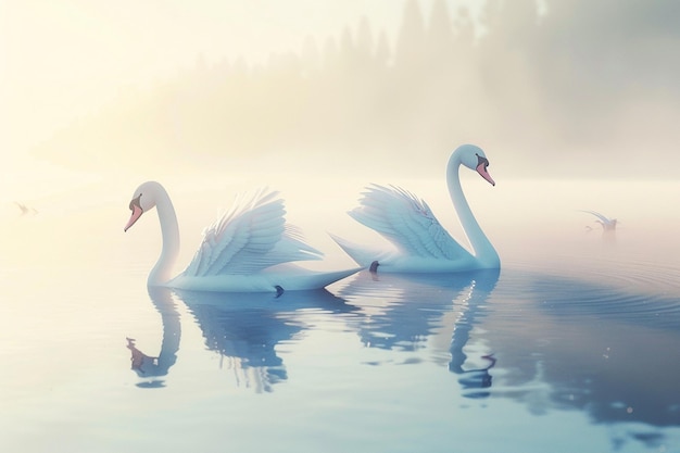 Elegante zwanen glijden over een glazen meer.