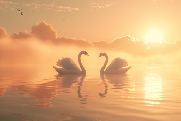 Elegante zwanen glijden sierlijk op een met mist bedekte